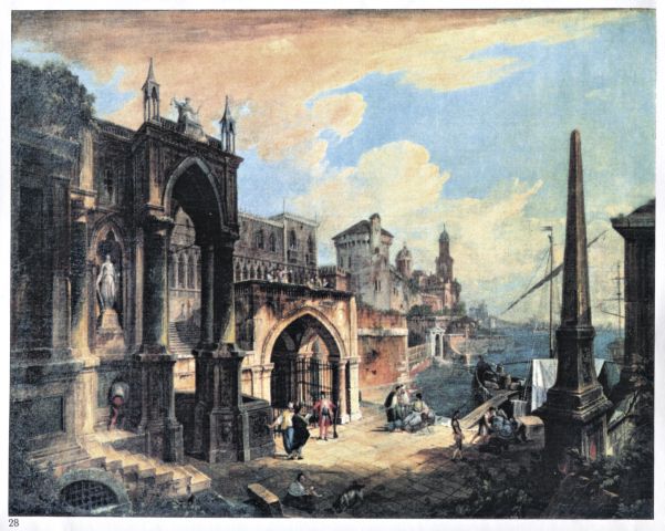 Anonimo — Anonimo veneziano - sec. XVIII - Veduta di fantasia con architetture di Venezia e obelisco — insieme